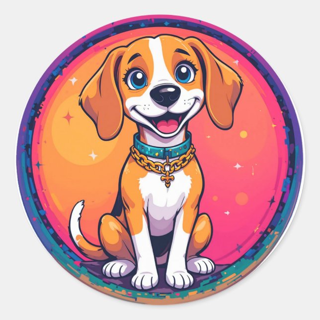 Cheerful Cartoon Dog Classic Round Sticker (Front)