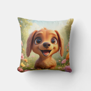Cheerful Cartoon Dog in a Flower Field Cushion