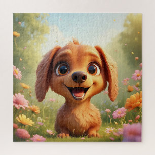 Cheerful Cartoon Dog in a Flower Field Jigsaw Puzzle