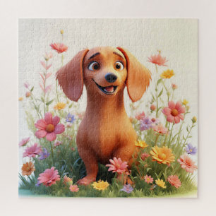Cheerful Cartoon Dog in a Flower Field Jigsaw Puzzle