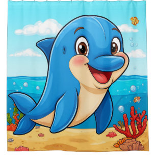 Cheerful Cartoon Dolphin in an Underwater Shower Curtain