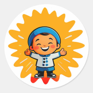 Cheerful Cartoon Sun Character Classic Round Sticker
