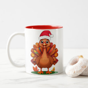 Cheerful Cartoon Turkey Wearing Santa Hat Two-Tone Coffee Mug