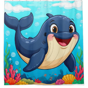 Cheerful Cartoon Whale Swimming Shower Curtain