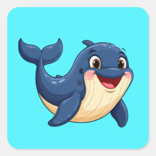 Cheerful Cartoon Whale Swimming Square Sticker