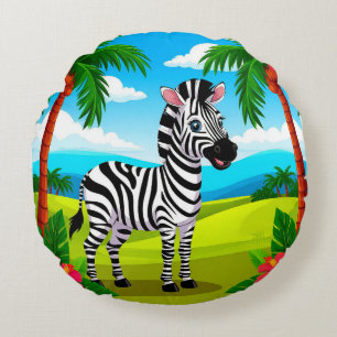 Cheerful Cartoon Zebra in a Tropical Landscape Round Cushion
