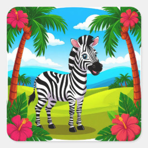 Cheerful Cartoon Zebra in a Tropical Landscape Square Sticker
