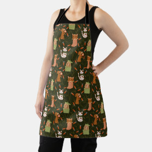 Cheerful Cat Dog Christmas Lights Pattern Green Apron