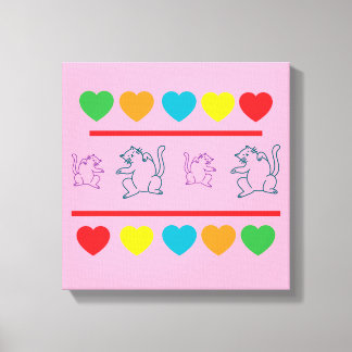 Cheerful Cats & Rainbow Hearts Canvas Print