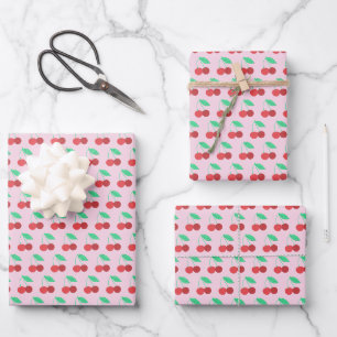 Cheerful Cherries Fruity Fun Red Green Pink Wrapping Paper Sheet