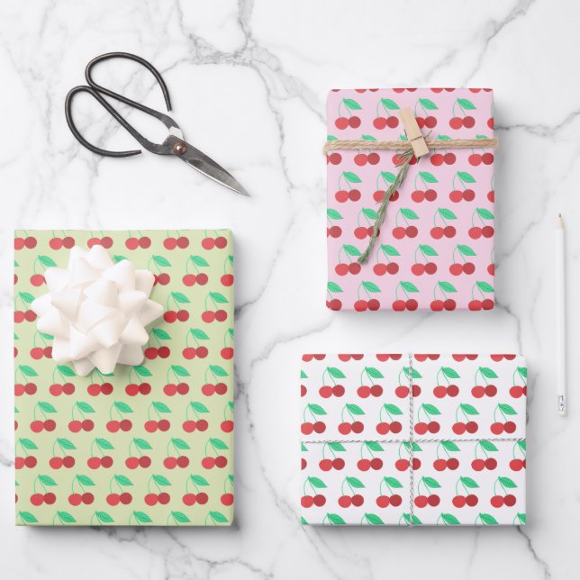 Cheerful Cherries Fruity Fun Red Green Pink Wrapping Paper Sheet (Front)