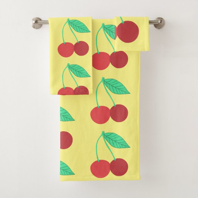 Cheerful Cherries Fruity Yellow Bath Towel Set (Insitu)