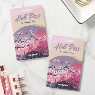 Cheerful Cherry Blossom Hall Pass Customisable ID Badge