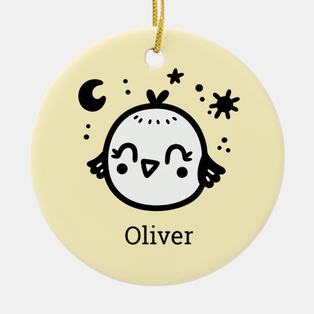 Cheerful Chick - Kawaii Bird Line Art" Ceramic Tree Decoration (Front)
