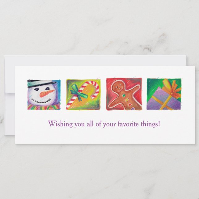 Cheerful Christmas Art Snowman Present Candy Cane Holiday Card (Front)