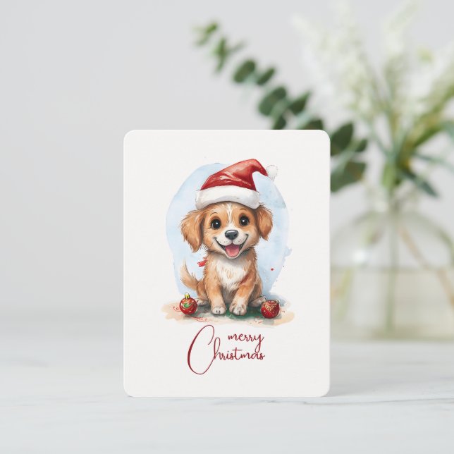 Cheerful Christmas Dog with Santa Hat and Ornament Holiday Card (Standing Front)