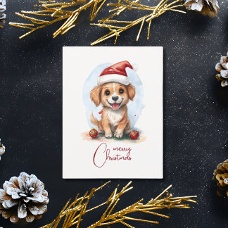 Cheerful Christmas Dog with Santa Hat and Ornament Postcard