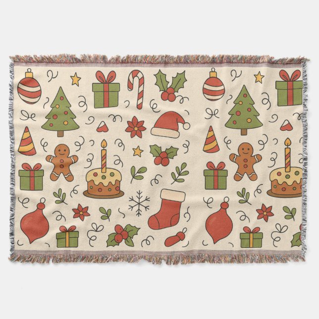 Cheerful Christmas Doodle Pattern Throw Blanket (Front)