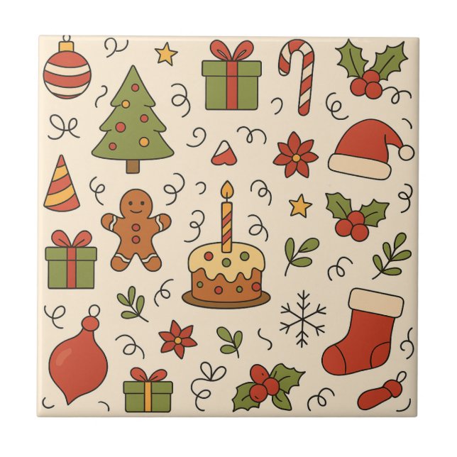 Cheerful Christmas Doodle Pattern Tile (Front)
