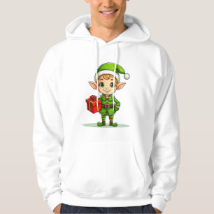 Cheerful Christmas Elf with Gift – Holiday Hoodie