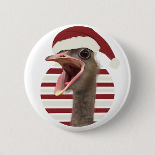 Cheerful Christmas Ostrich With Santa Hat 6 Cm Round Badge
