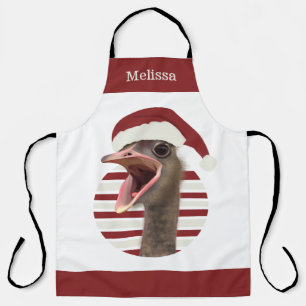 Cheerful Christmas Ostrich With Santa Hat Apron