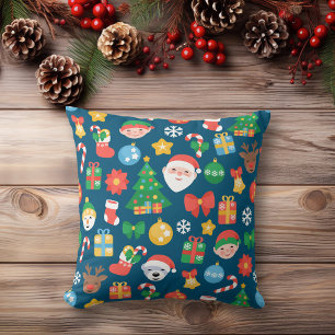 Cheerful Christmas Pattern on Blue Cushion
