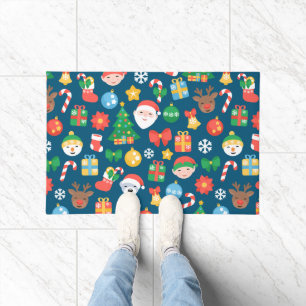 Cheerful Christmas Pattern on Blue Doormat