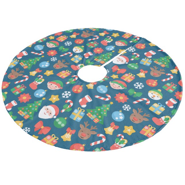 Cheerful Christmas Pattern on Blue Fleece Tree Skirt (Angled)