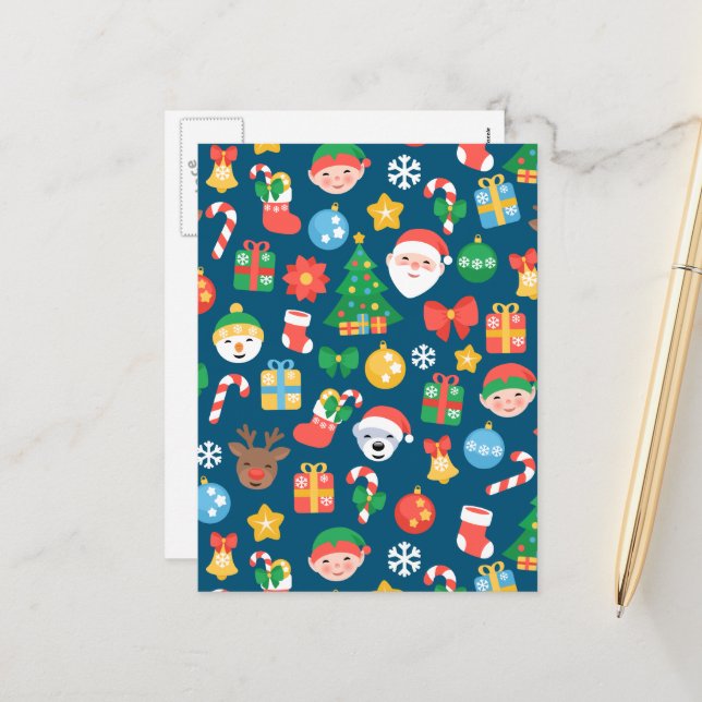 Cheerful Christmas Pattern on Blue Holiday Postcard (Front/Back In Situ)