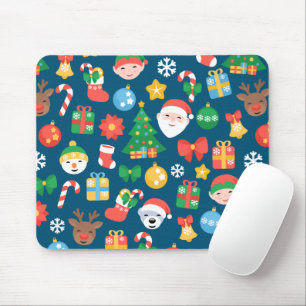 Cheerful Christmas Pattern on Blue Mouse Mat