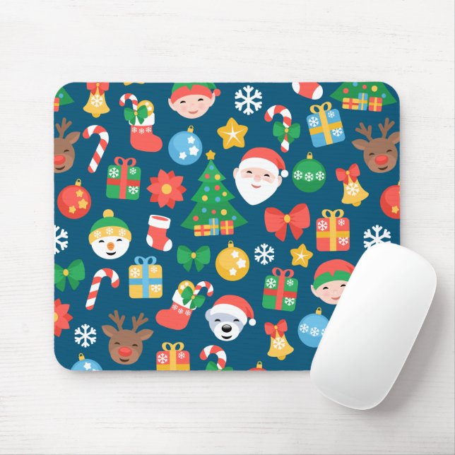 Cheerful Christmas Pattern on Blue Mouse Mat (With Mouse)