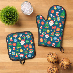 Cheerful Christmas Pattern on Blue Oven Mitt & Pot Holder Set