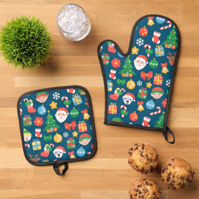 Cheerful Christmas Pattern on Blue Oven Mitt & Pot Holder Set (Top Down)