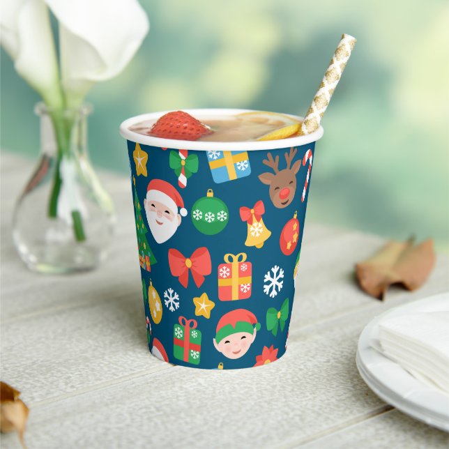 Cheerful Christmas Pattern on Blue Paper Cups (Insitu)