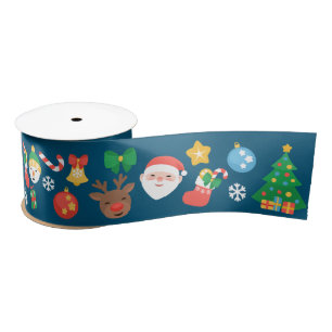 Cheerful Christmas Pattern on Blue Satin Ribbon