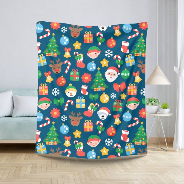 Cheerful Christmas Pattern on Blue Sherpa Blanket (Creator Uploaded)