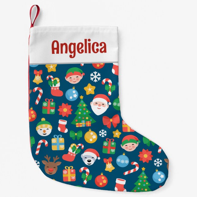 Cheerful Christmas Pattern on Blue Small Christmas Stocking (Front)