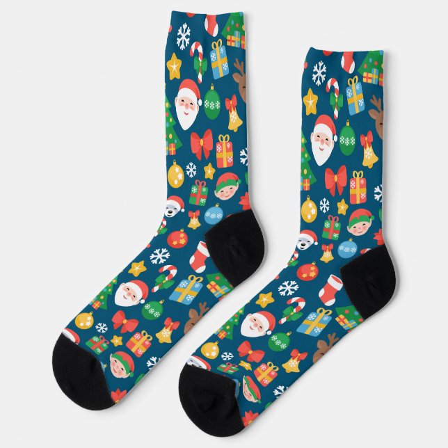 Cheerful Christmas Pattern on Blue Socks (Left)
