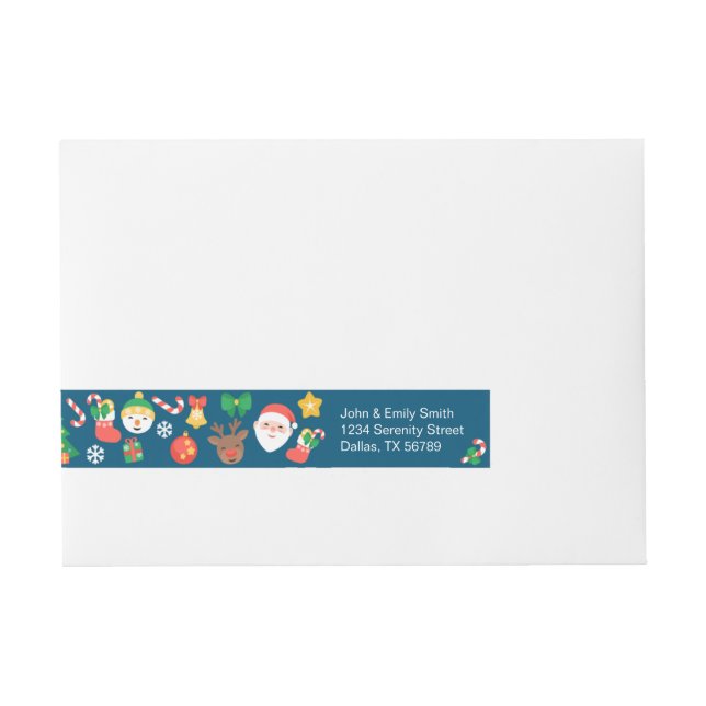 Cheerful Christmas Pattern on Blue Wraparound Address Label (Front)