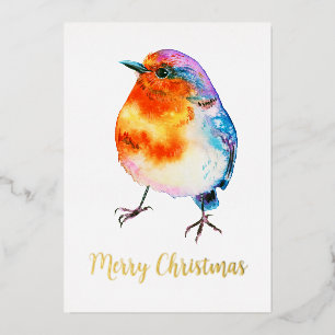 Cheerful Christmas Robin Watercolor Customisable  Foil Holiday Card