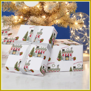 Cheerful Christmas Scene Fireplace Gifts Tree Wrapping Paper