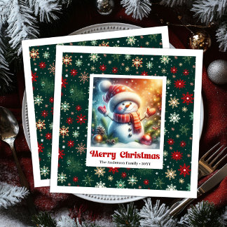Cheerful Christmas snowman with snowflakes kids Napkin
