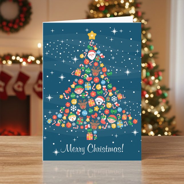 Cheerful Christmas Tree Pattern on Blue Holiday Card (Creator Uploaded)