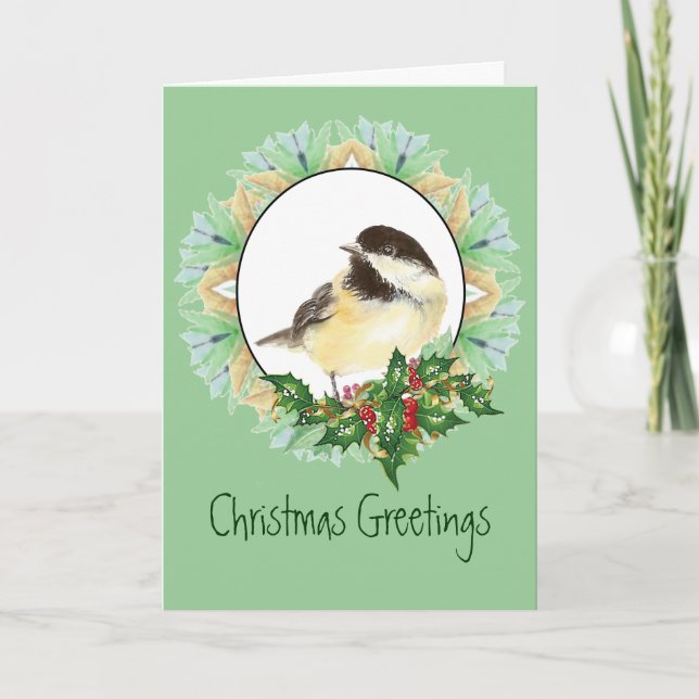 Cheerful Christmas Watercolor Chickadee Bird Holly Holiday Card (Front)