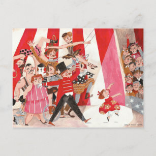 Cheerful circus red pink black preforming art girl postcard