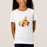 cheerful clown drives a whimsical yellow car