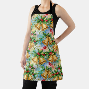 Cheerful Colourful Christmas Gold Bells Holly Apron