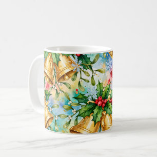 Cheerful Colourful Christmas Gold Bells Holly Coffee Mug