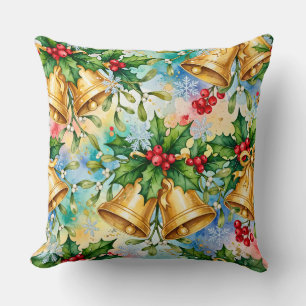 Cheerful Colourful Christmas Gold Bells Holly Cushion
